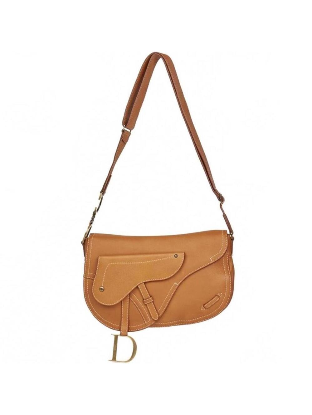 Authentic Dior Brown Calfskin Double Baudrier Saddle Bag